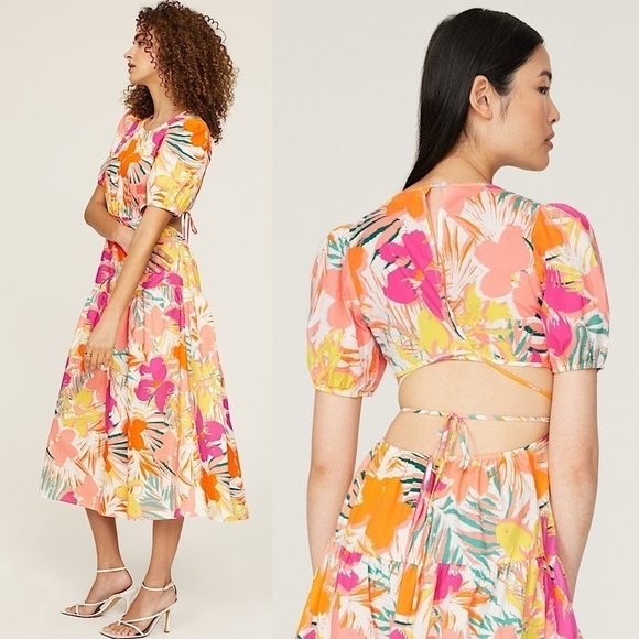 PETER SOM Tropical Floral Puff Short Sleeve Back Cutout Ruffle Tier Midi Dress 2 - Picture 3 of 8